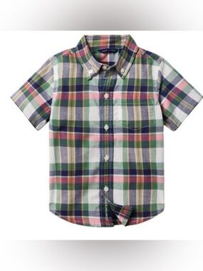 Janie and Jack Short-Sleeve Plaid Button-Down - Green, Pink, Navy